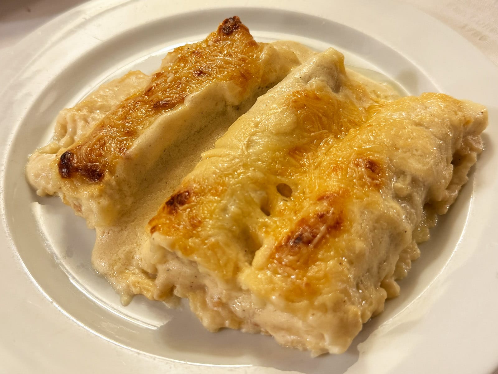 Canelones «los de siempre» de Can Culleretes, cubiertos de bechamel y queso gratinado hasta dorarse