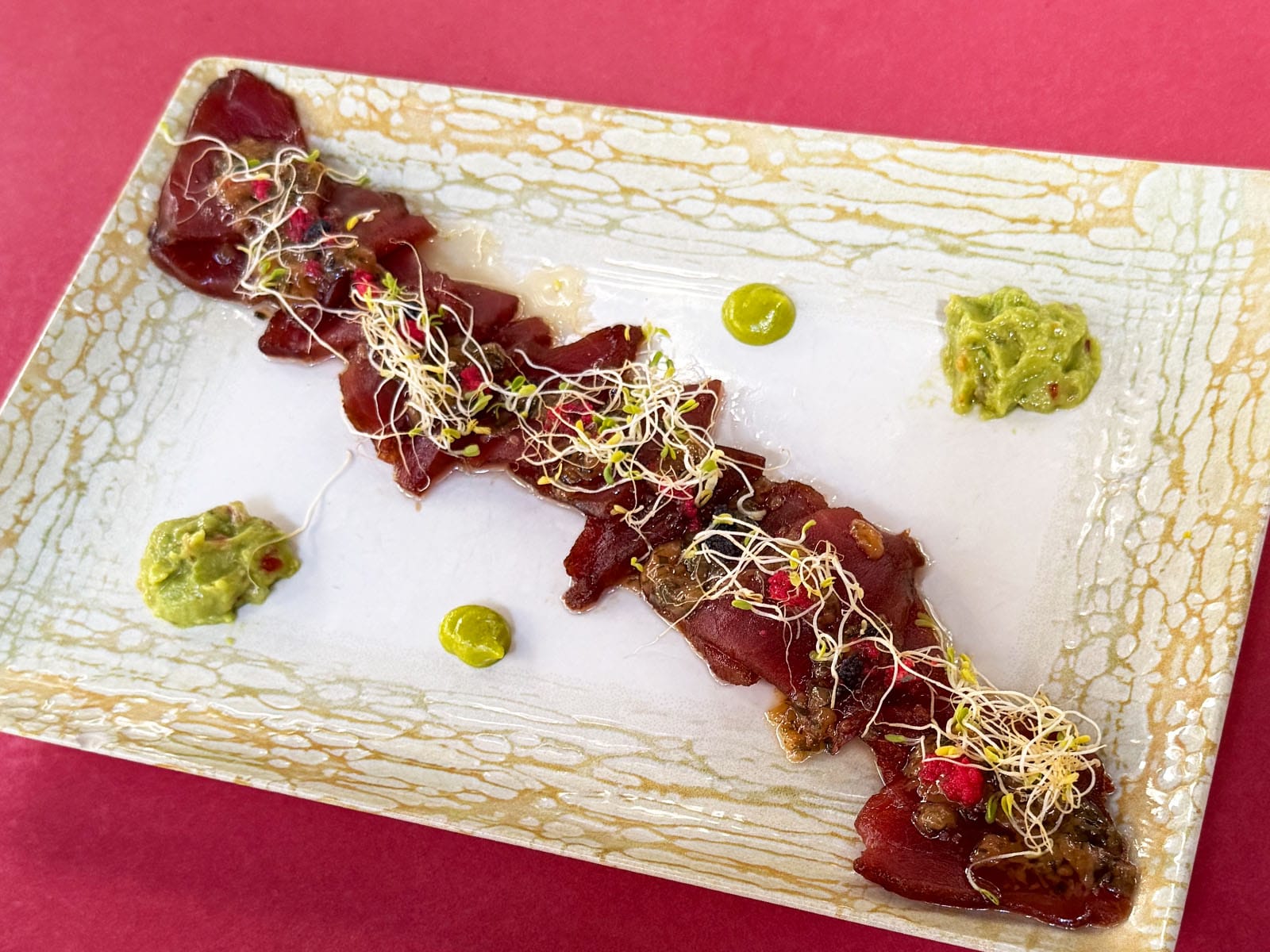 Atún marinado del Canut: lomos de atún rojo laminados sobre plato rectangular, cubiertos de germinados y salsa wakame, con puntos de guacamole alrededor